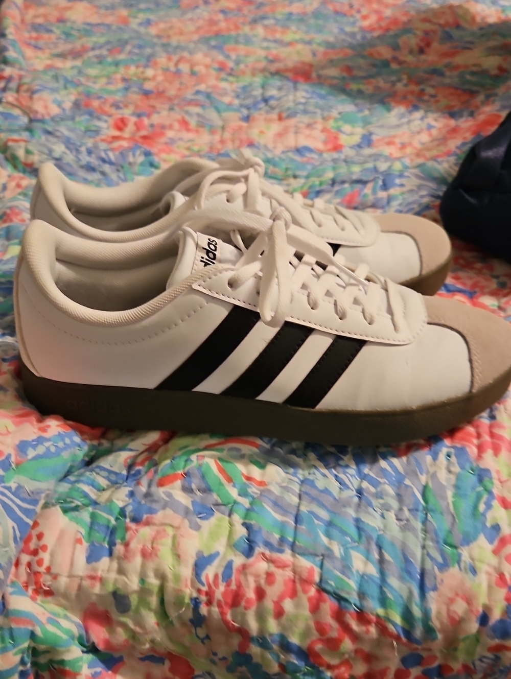 adidas Womens White Sneakers with Black Stripes and Brown Gum Sole